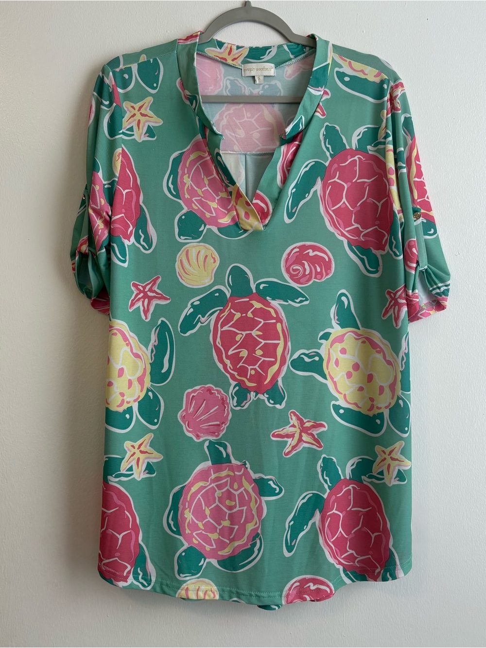 Simply Southern Sea Turtle Print Split V-Neck Tunic Women’s Small Loose Fit